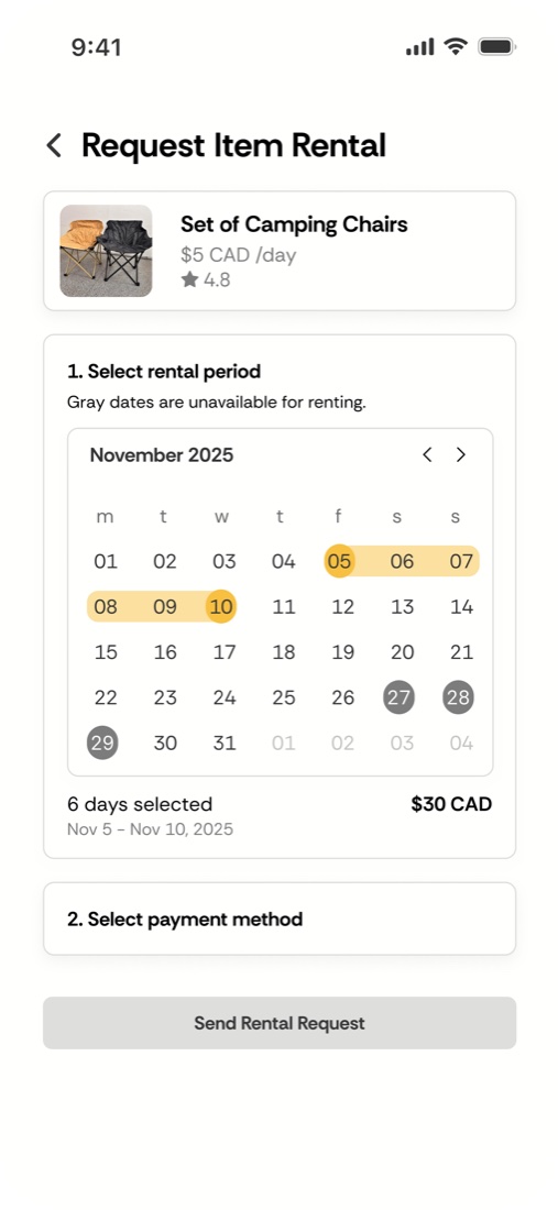 Request Item Rental, step 1: a calendar with November 5 to 10 selected, 6 days for 30 dollars