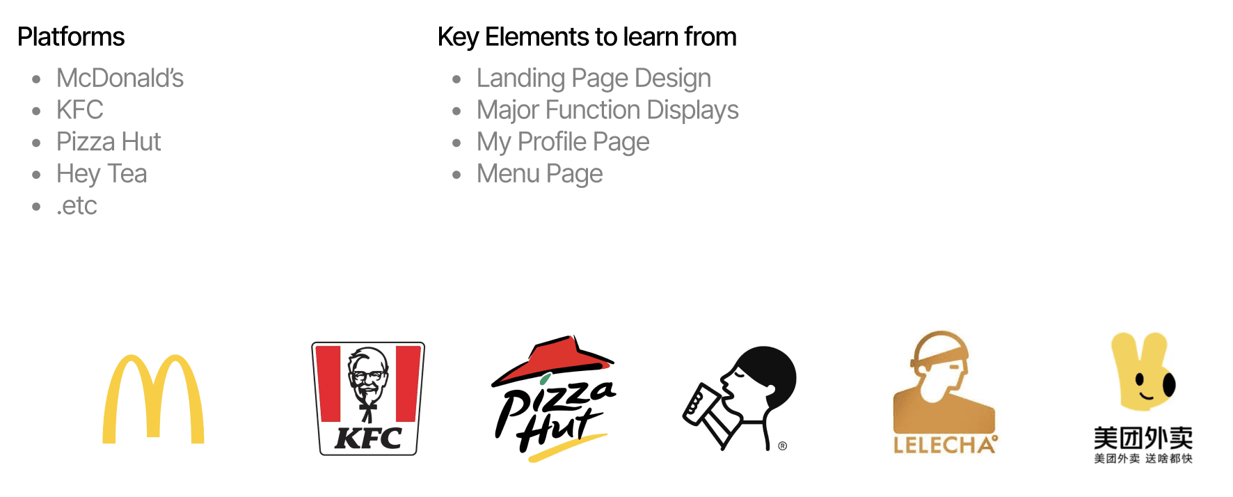 Platforms researched: McDonald's, KFC, Pizza Hut, HeyTea, LELECHA and Meituan Waimai, and the four key elements to learn from