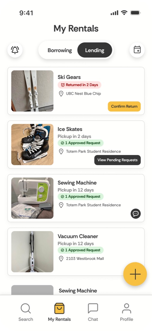 My Rentals, Lending tab: ski gear returned in 2 days, ice skates with a View Pending Requests button, and a yellow plus button to add a listing