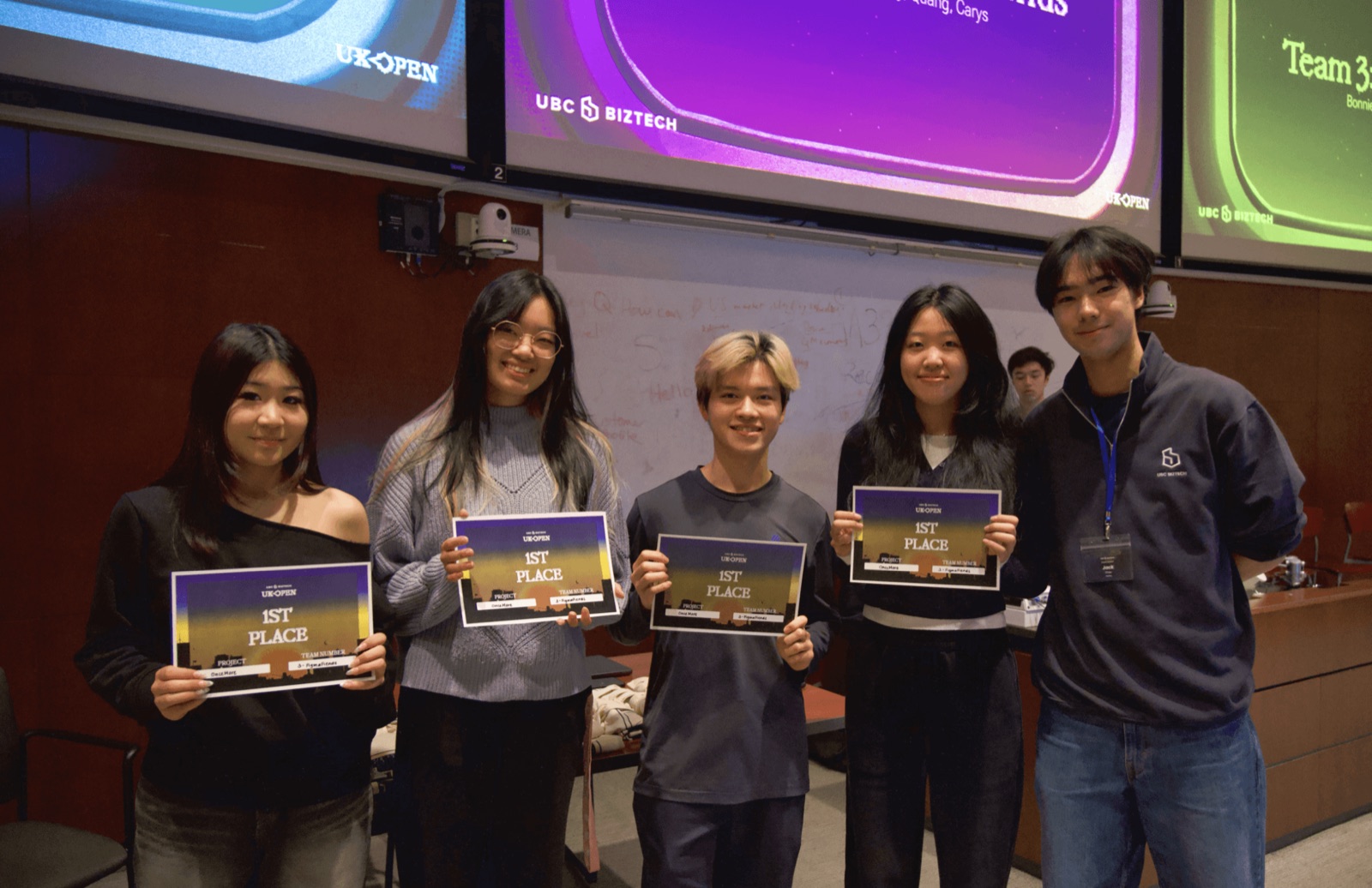 Cherry and her teammates holding 1st Place certificates at UX Open, with UBC BizTech slides on the screens behind them