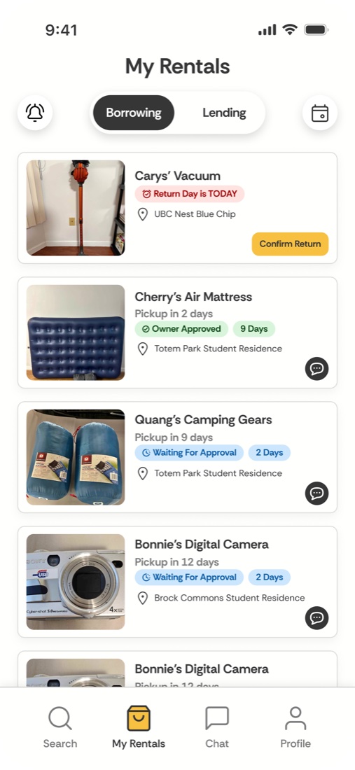 My Rentals, Borrowing tab: a vacuum due back today with a Confirm Return button, and items waiting for approval or pickup